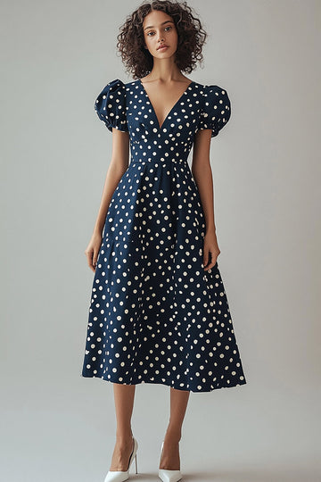 A Line V-ringning Marinblå Vit Polka Dots Klänning med puffärmar